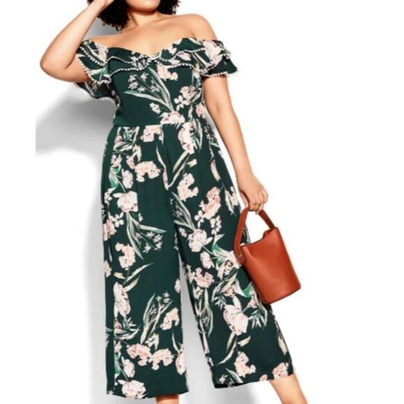 City Chic Fresh Field Floral Off the Shoulder Crop Wide Leg Jumpsuit 18, 20 New - Picture 2 of 13